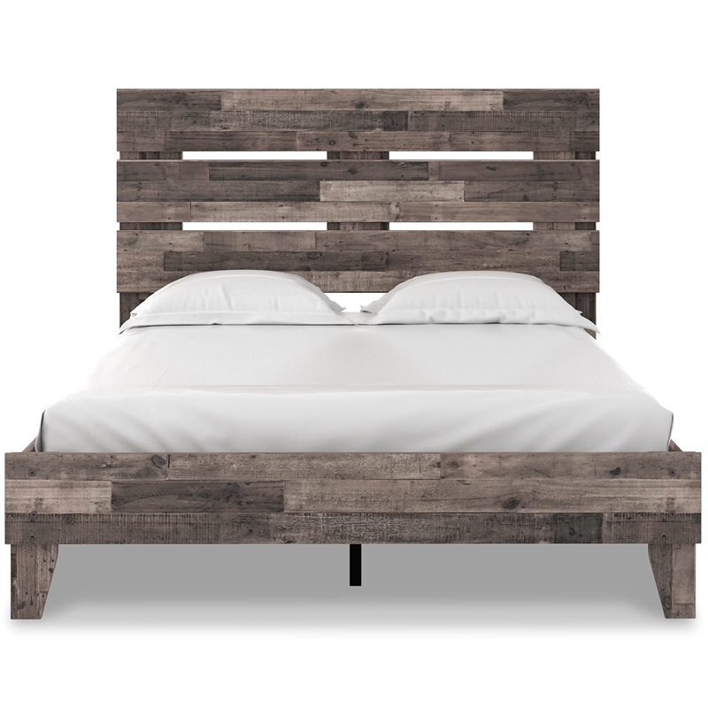 Home Square Queen Platform Bed with Low Profile Panel Headboard - Rustic Gray