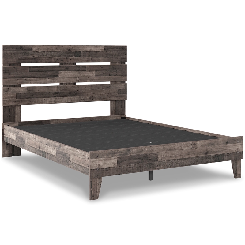 Home Square Queen Platform Bed with Low Profile Panel Headboard - Rustic Gray