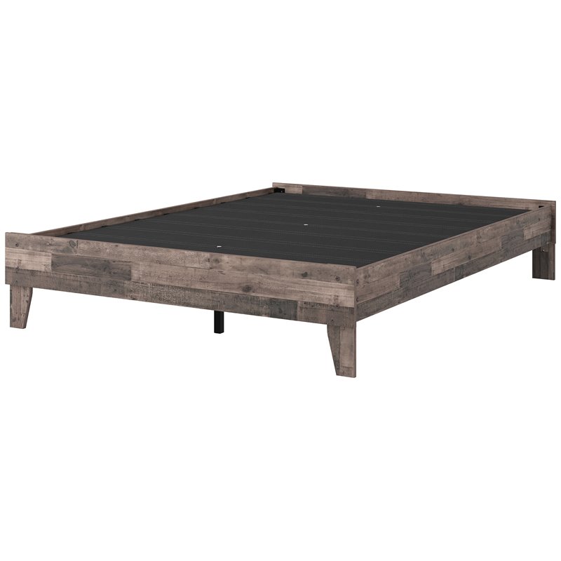 Home Square Queen Platform Bed with Low Profile Panel Headboard - Rustic Gray