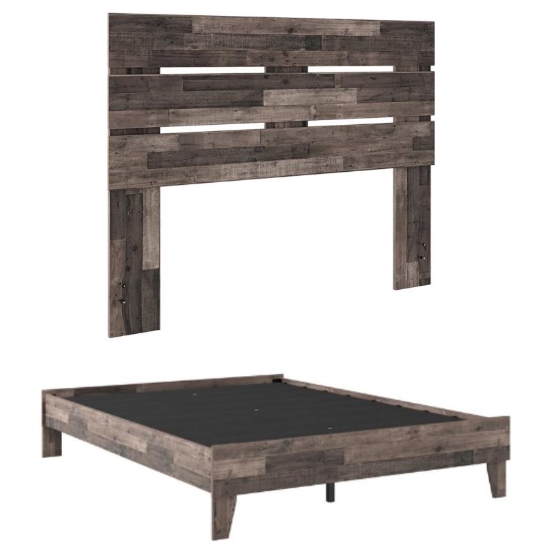 Home Square Queen Platform Bed with Low Profile Panel Headboard - Rustic Gray
