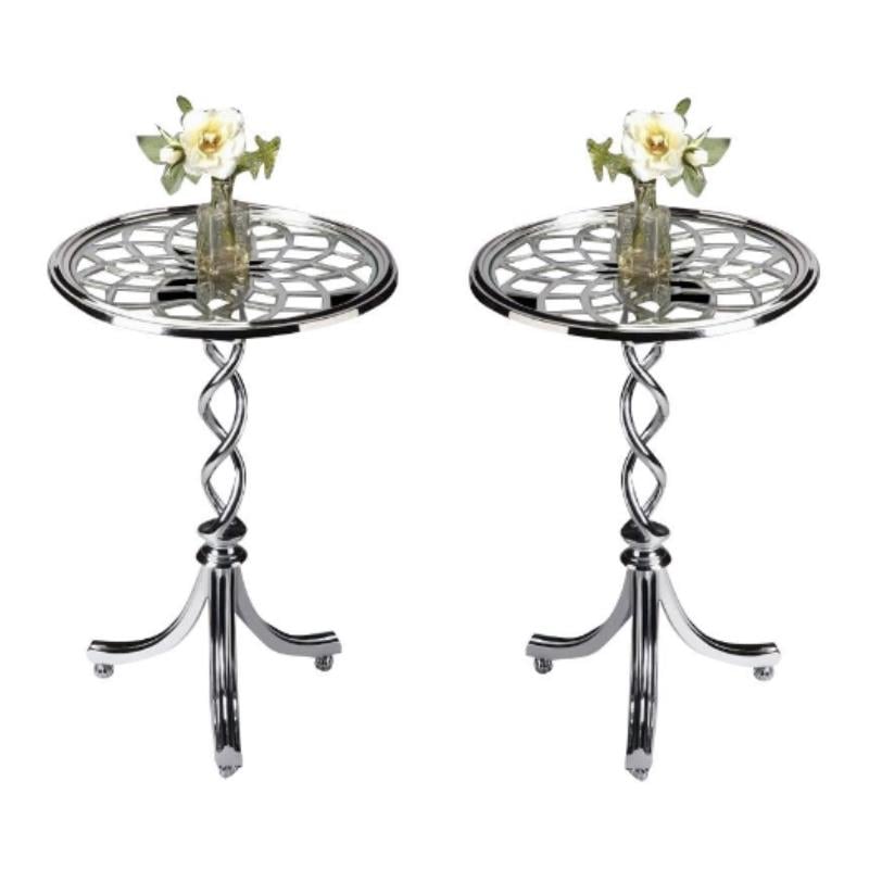 Home Square Modern Glass Top Accent Table in Silver - Set of 2