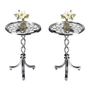 Home Square Modern Glass Top Accent Table in Silver - Set of 2