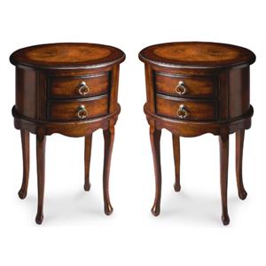 Home Square Two Drawers Oval Side Table in Cherry Finish - Set of 2