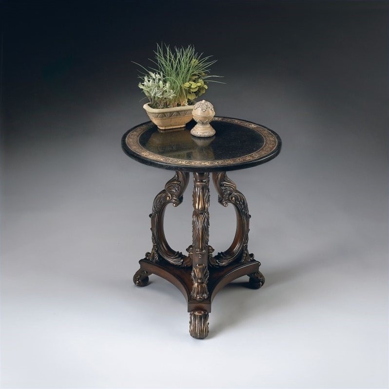 Home Square Round Fossil Stone Top Accent Table in Heritage - Set of 2
