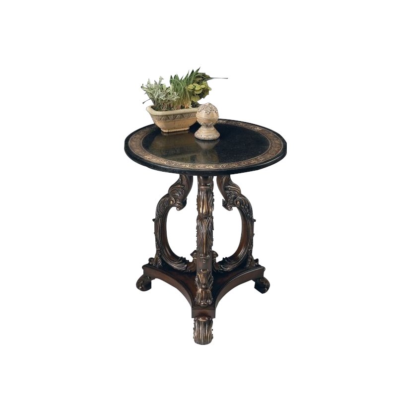 Home Square Round Fossil Stone Top Accent Table in Heritage - Set of 2