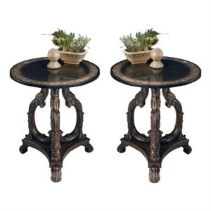 Home Square Round Fossil Stone Top Accent Table in Heritage - Set of 2