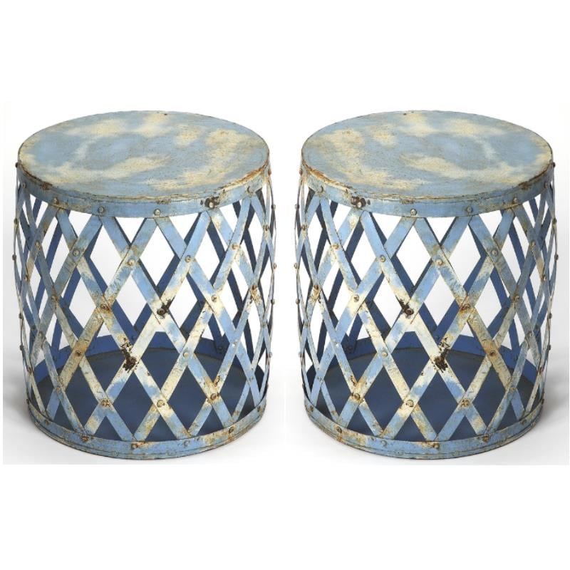 Home Square Transitional Round Iron Bunching Table in Blue - Set of 2