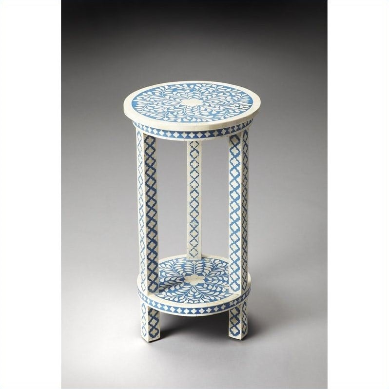 Home Square Traditional Bone Inlay Accent Table in Blue - Set of 2