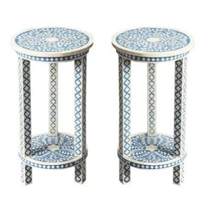 Home Square Traditional Bone Inlay Accent Table in Blue - Set of 2