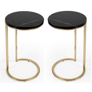 Home Square Transitional Marble Accent Table in Black and Gold - Set of 2