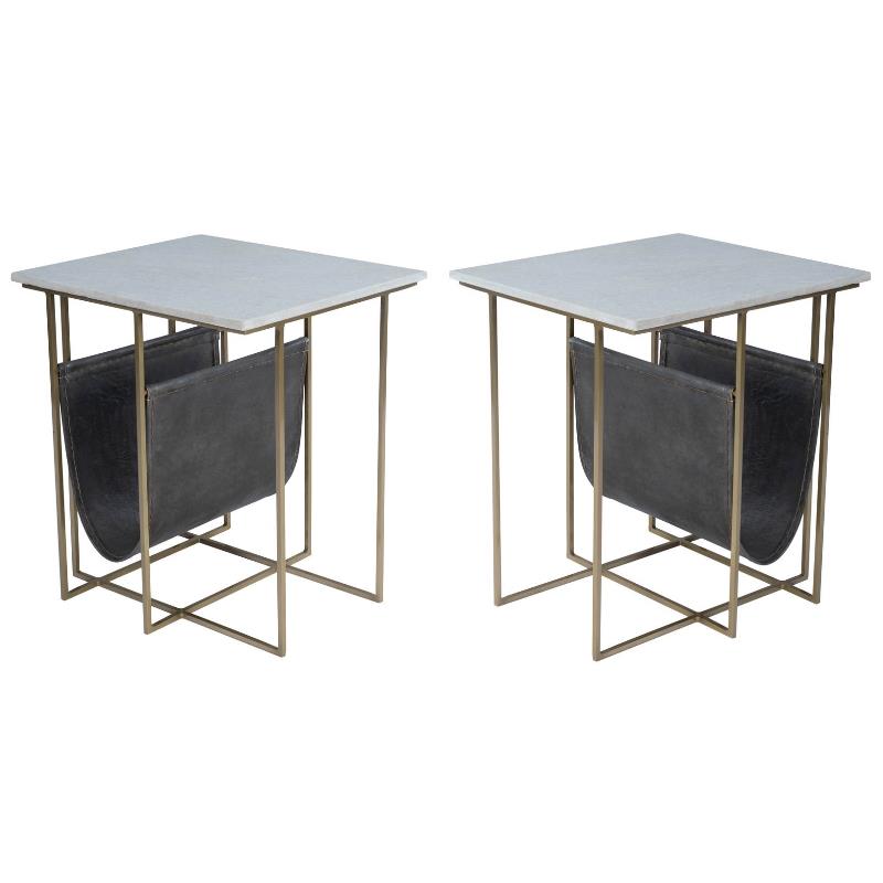Home Square Marble and Leather Magazine Table in Beige - Set of 2