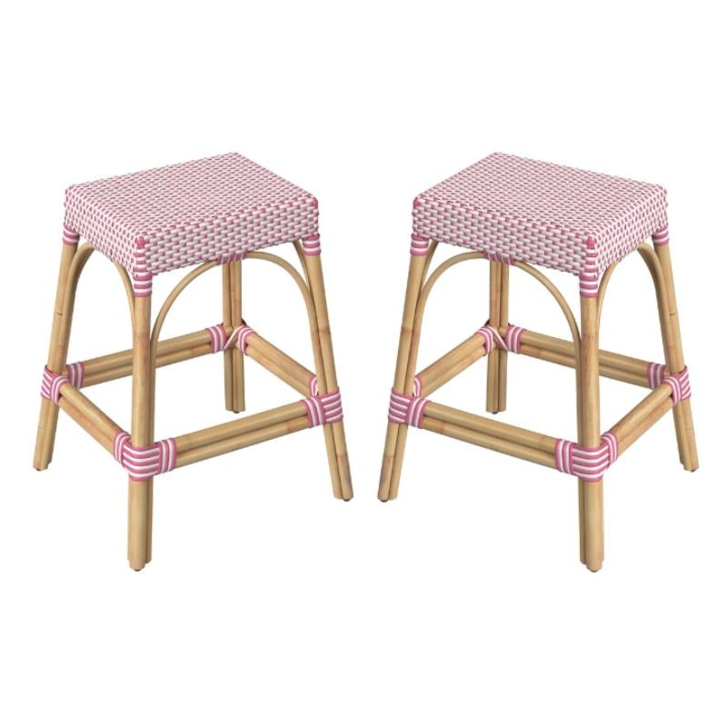 Home Square Rattan Counter Stool in White and Pink - Set of 2