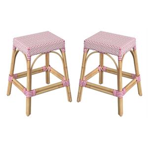 Home Square Rattan Counter Stool in White and Pink - Set of 2