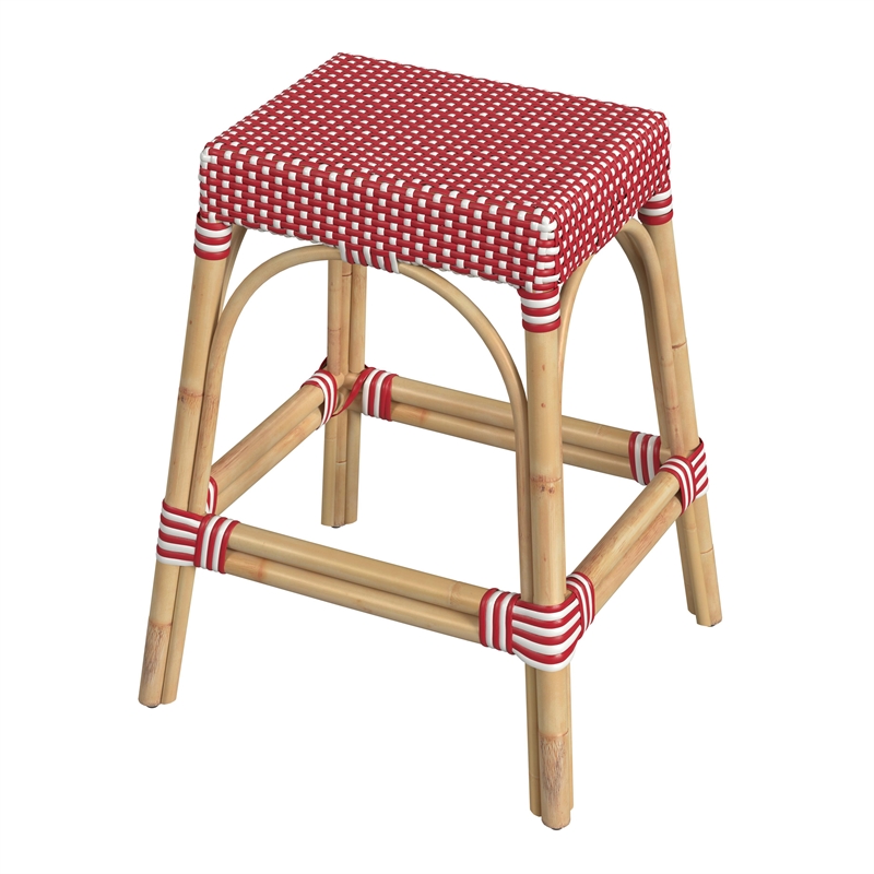 Home Square Rattan Counter Stool in Red and White - Set of 2
