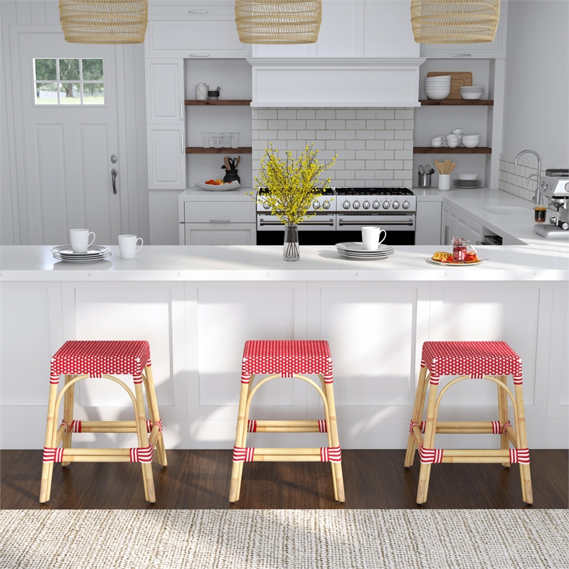 Home Square Rattan Counter Stool in Red and White - Set of 2