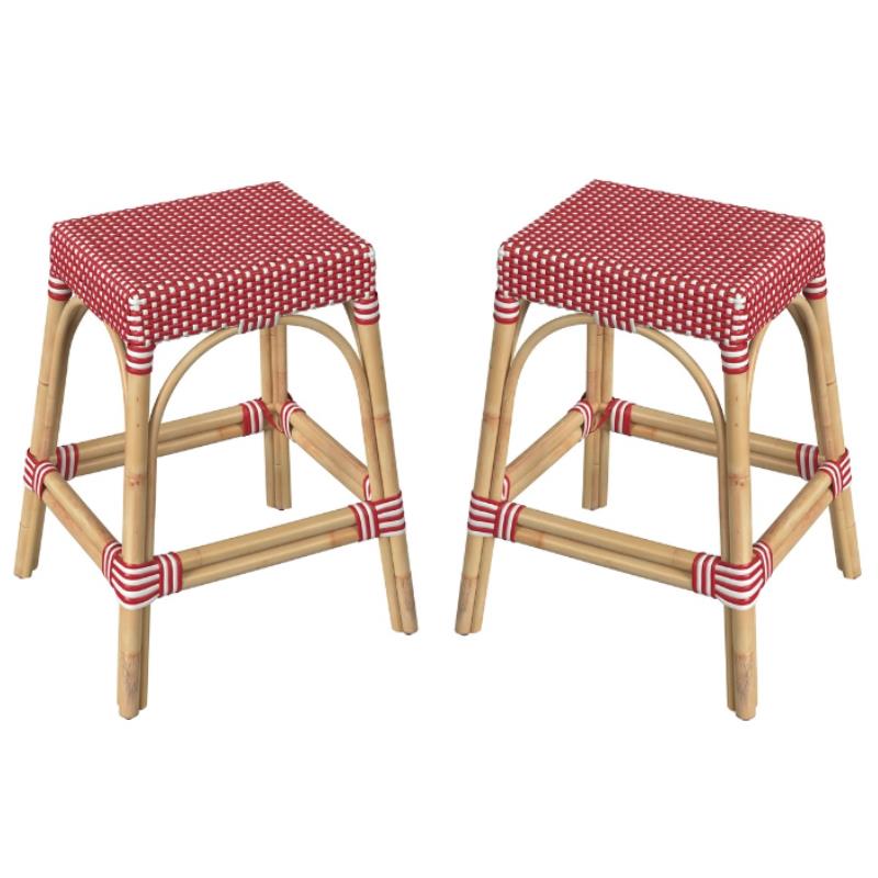 Home Square Rattan Counter Stool in Red and White - Set of 2