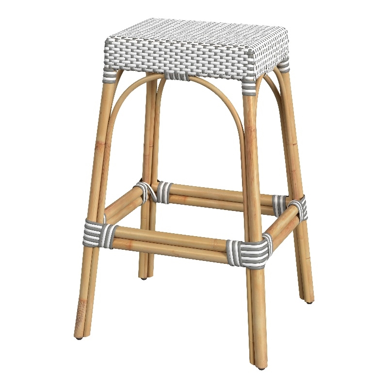 Home Square Rattan Backless Barstool in White and Gray - Set of 2