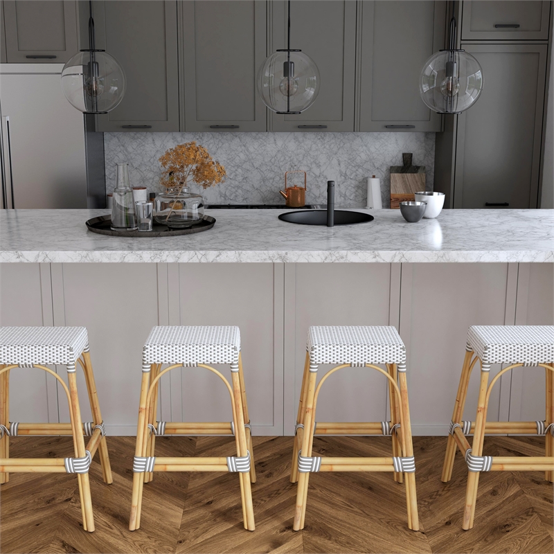 Home Square Rattan Backless Barstool in White and Gray - Set of 2