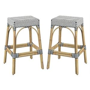 Home Square Rattan Backless Barstool in White and Navy - Set of 2