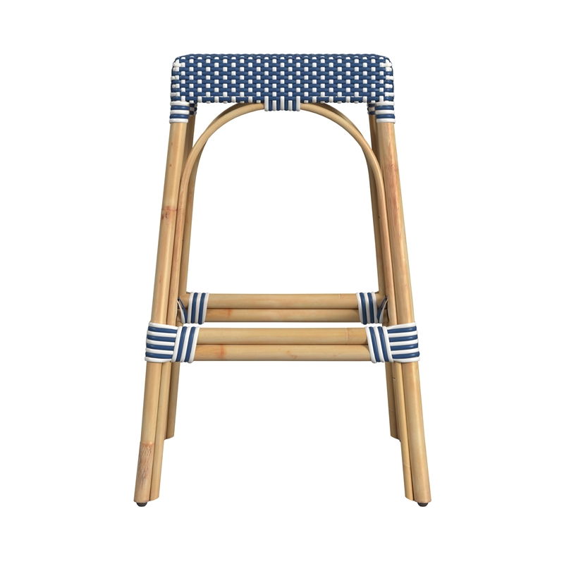 Home Square Rattan Backless Barstool in Sky Blue and White - Set of 2