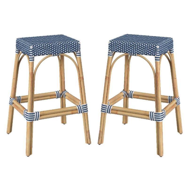 Home Square Rattan Backless Barstool in Sky Blue and White - Set of 2