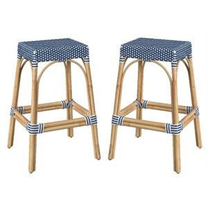 Home Square Rattan Backless Barstool in Sky Blue and White - Set of 2