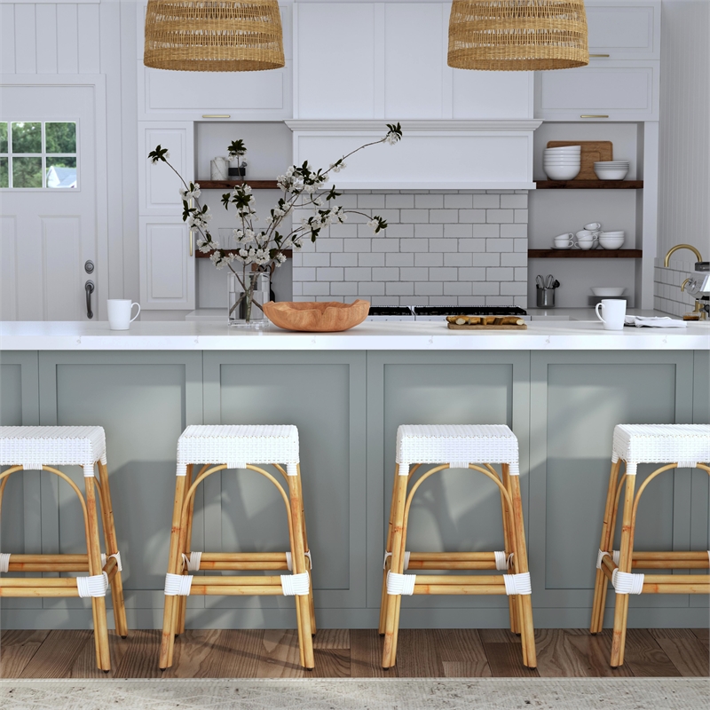 Home Square Rattan Backless Barstool in White Finish - Set of 2