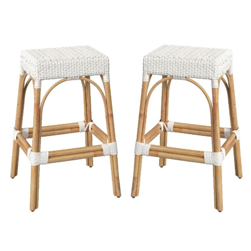 Home Square Rattan Backless Barstool in White Finish - Set of 2