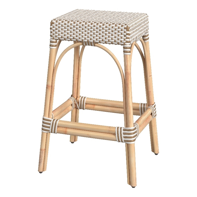 Home Square Rattan Woven Barstool in Beige and White - Set of 2
