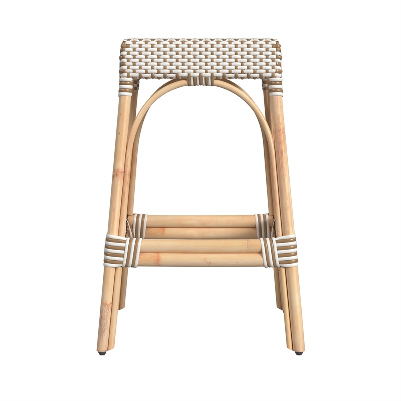 Home Square Rattan Woven Barstool in Beige and White - Set of 2
