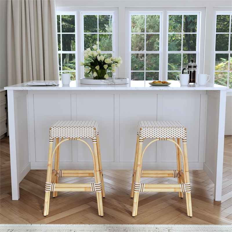 Home Square Rattan Woven Barstool in Beige and White - Set of 2