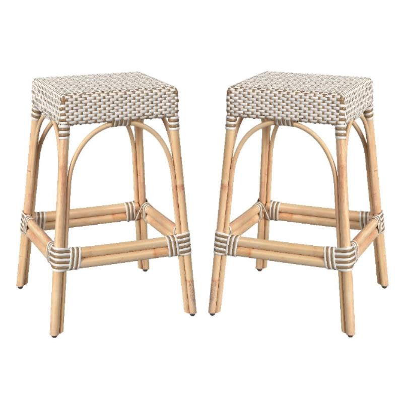 Home Square Rattan Woven Barstool in Beige and White - Set of 2