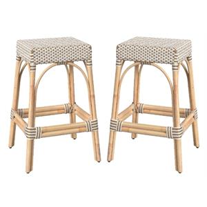 Home Square Rattan Woven Barstool in Beige and White - Set of 2