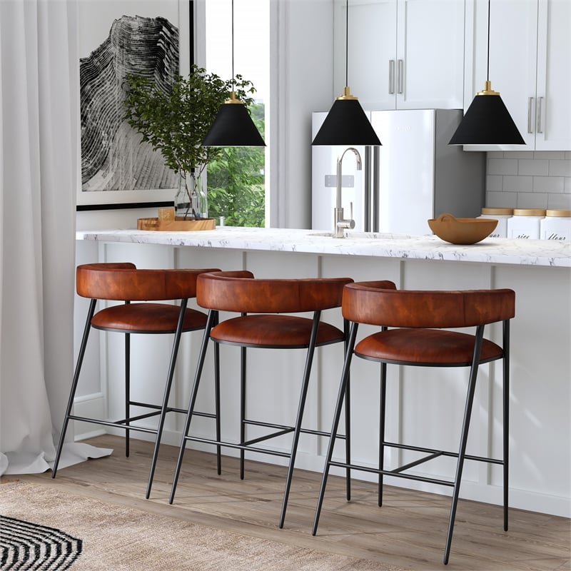 Home Square Leather and Iron Cushioned Bar Stool in Brown - Set of 2