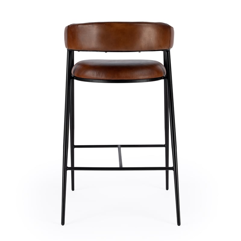 Home Square Leather and Iron Cushioned Bar Stool in Brown - Set of 2