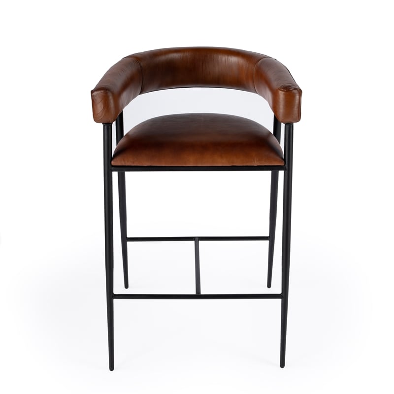 Home Square Leather and Iron Cushioned Bar Stool in Brown - Set of 2