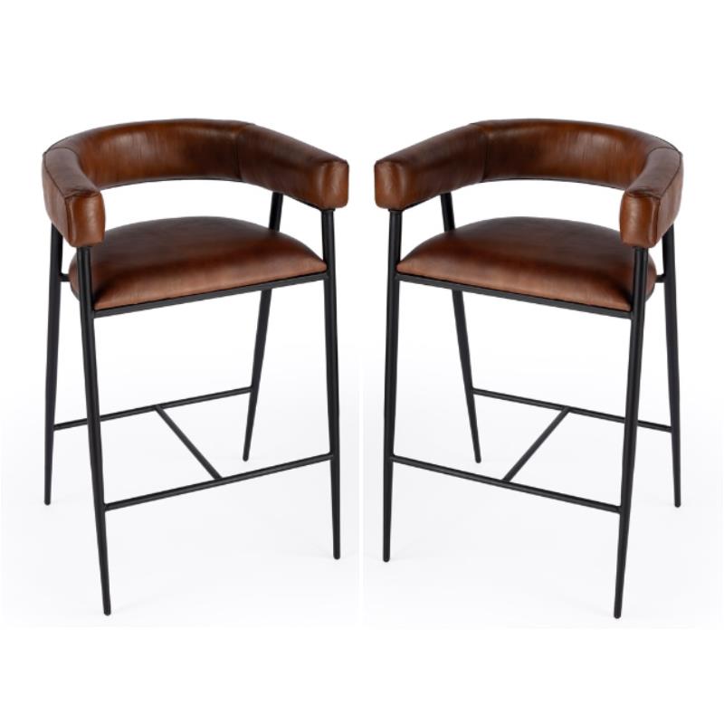 Home Square Leather and Iron Cushioned Bar Stool in Brown - Set of 2