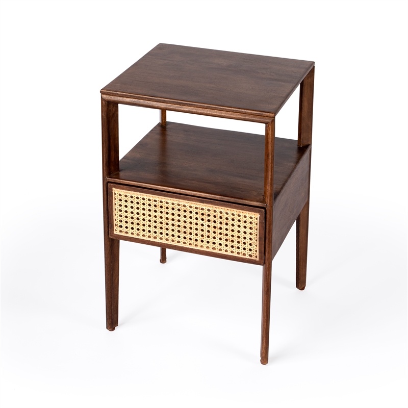 Home Square Wood 1 Drawer Cane Nightstand in Brown - Set of 2