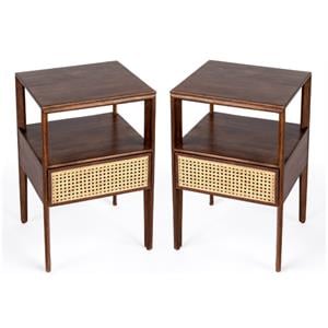 Home Square Wood 1 Drawer Cane Nightstand in Brown - Set of 2