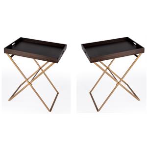 Home Square Mango Wood & Cross Legs Tray Table in Brown and Gold - Set of 2