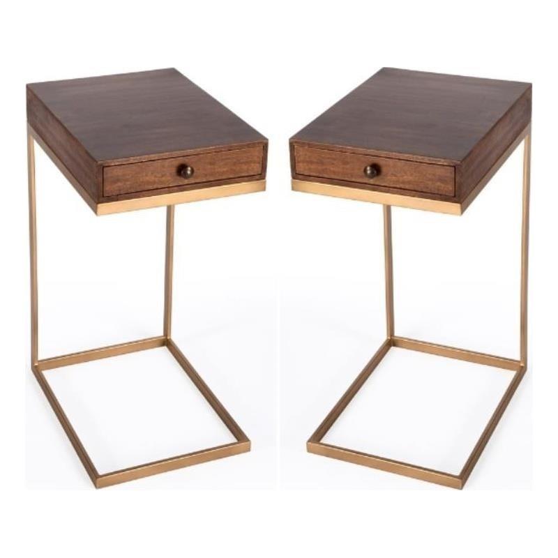 Home Square 1 Drawer Iron C Shaped End Table in Walnut and Gold - Set of 2
