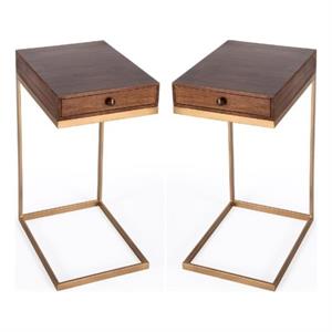 Home Square 1 Drawer Iron C Shaped End Table in Walnut and Gold - Set of 2