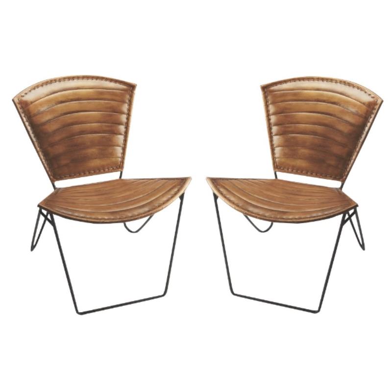 Home Square Metal & Leather Accent Chair in Medium Brown - Set of 2