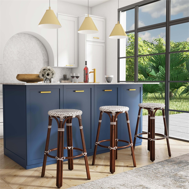 Home Square Rattan Bar Stool in Chocolate & White - Set of 2