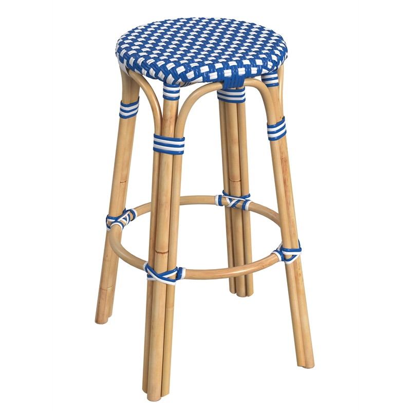 Home Square Rattan Backless Bar Stool in Sky Blue & White - Set of 2
