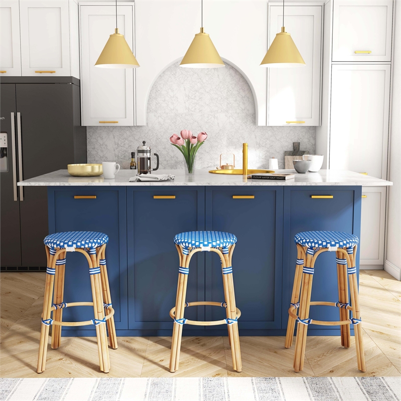 Home Square Rattan Backless Bar Stool in Sky Blue & White - Set of 2