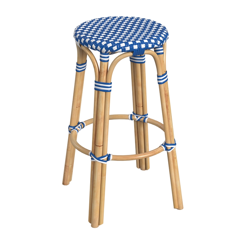 Home Square Rattan Backless Bar Stool in Sky Blue & White - Set of 2