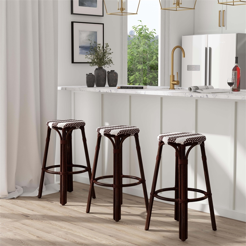 Home Square Rattan Backless Bar Stool in Coffee & White - Set of 2