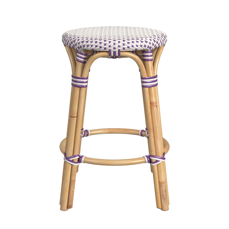 Home Square Rattan Round Backless Counter Stool in White and Purple - Set of 2