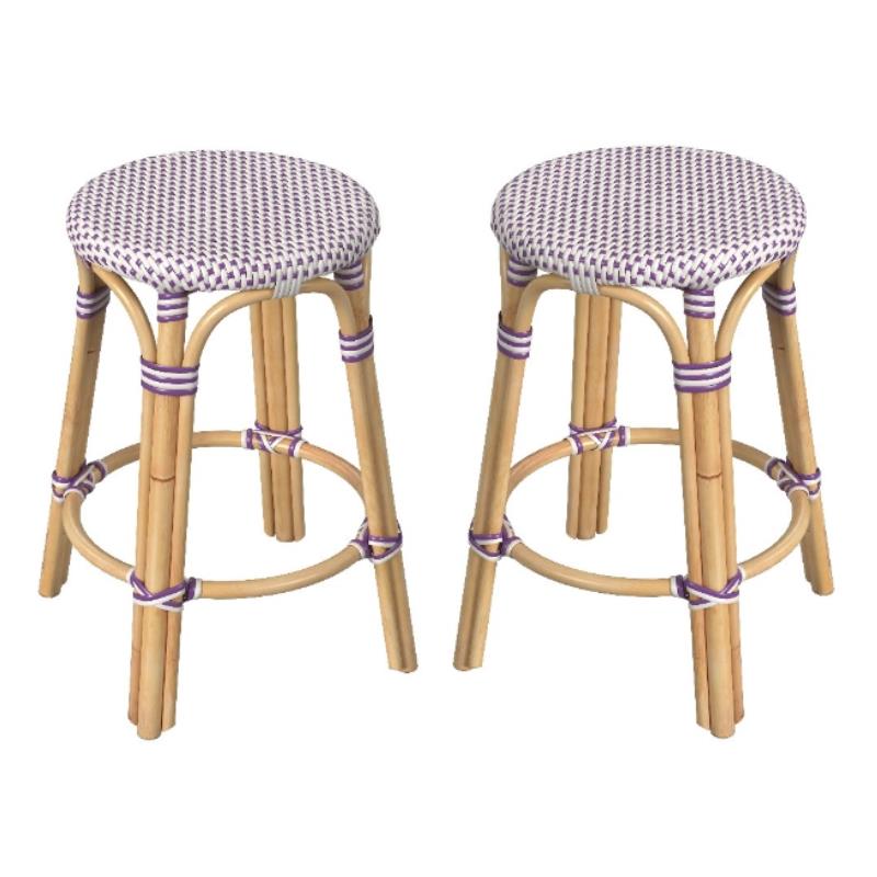 Home Square Rattan Round Backless Counter Stool in White and Purple - Set of 2